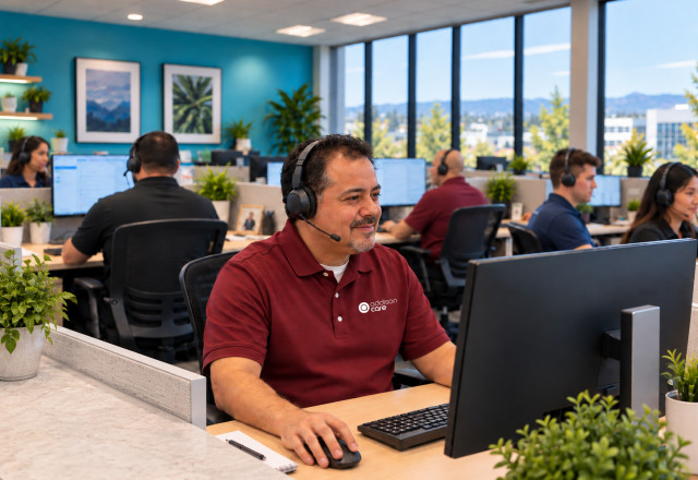 Electronic Caregiver representative speaking on the phone in a call center environment