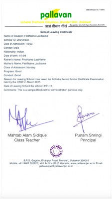 Demonstration School Leaving Certificate Issued by Pallavan Learning Systems