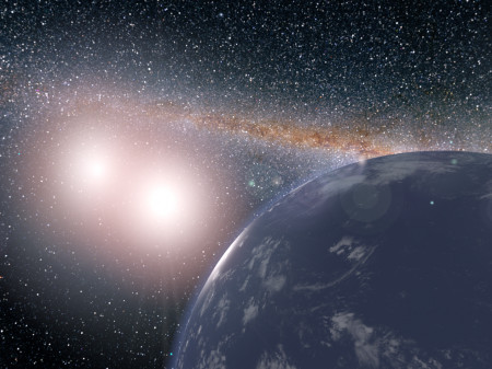 Artist's concept of hypothetical planet covered in water around the binary star system of Kepler-35A