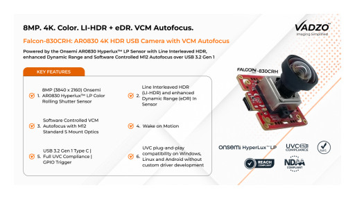 Vadzo Imaging announces the combination of HDR and VCM Autofocus with the Falcon-830CRH Onsemi HyperLux AR0830 8MP Color Rolling Shutter USB Camera