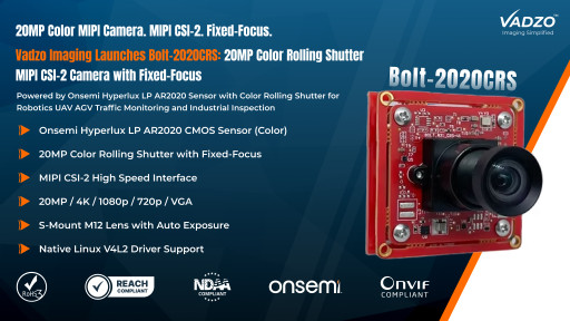 Vadzo Imaging Launches Bolt-2020CRS: 20MP Color Rolling Shutter MIPI CSI-2 Camera Built on Onsemi Hyperlux(TM) LP AR2020 Sensor