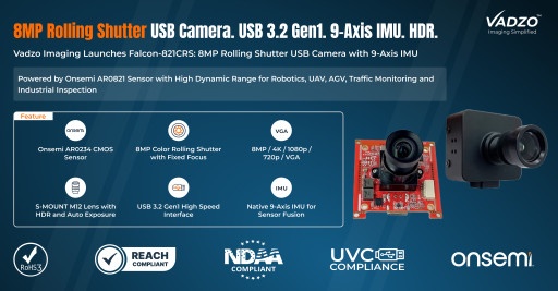 Vadzo Imaging Launches Falcon‑821CRS with On-board IMU: 8MP Rolling Shutter HDR USB Camera with 9‑Axis IMU