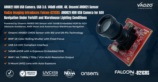 Vadzo Imaging Positions Falcon-821CRS AR0821 HDR USB Camera for AGV Navigation Under Forklift and Warehouse Lighting Conditions