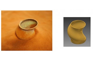 A pure copper object (left) 3D printed from a CAD model (right) using Shimadzu's BLUE IMPACT diode laser. The lower half of the object is buried in copper powder. 