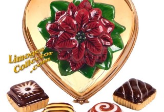 24K Gold Heart Chocolate Box with Poinsettia Limoges Box