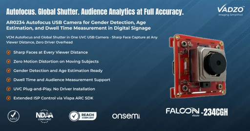 Vadzo Imaging Introduces AR0234 Autofocus USB Camera for Audience Analytics in Digital Signage: Global Shutter USB Vision Module for Gender, Age, and Dwell Time Measurement