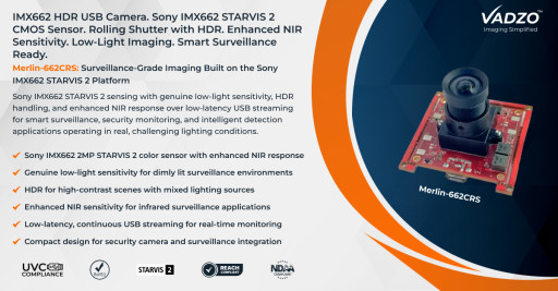 Vadzo Imaging Positions Merlin-662CRS 2MP IMX662 Sony STARVIS 2 Ultra Low Light HDR USB UVC Camera for Smart Surveillance