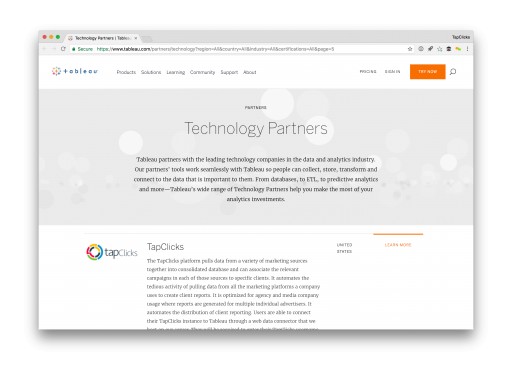 TapClicks Launches New Technology Partnership With Tableau Software