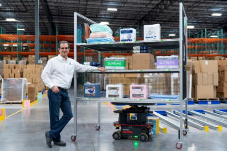 Adam Greenberg with NorthShore Care Supply Warehouse Cart