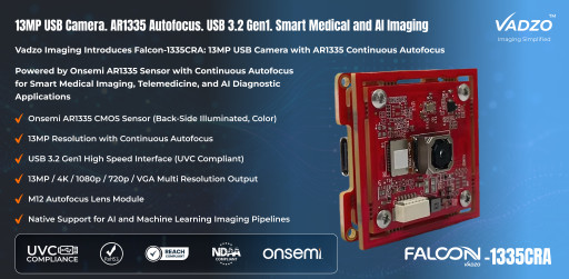 Vadzo Imaging Introduces Falcon-1335CRA: 13MP AR1335 Autofocus USB Camera for Smart Medical and AI Imaging