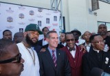 The Game, Mayor Eric Garcetti and Nation of Islam Minister Tony Muhammad stand united in peace at the press conference at the peace summit July 21
