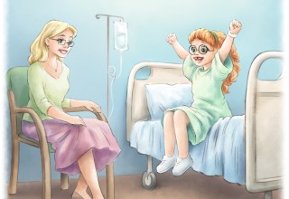 Illustration of Judy sitting on her hospital bed, "Warriors Eat Alphabet Soup" by Meredith Villano, illustrated by Nataly Vits
