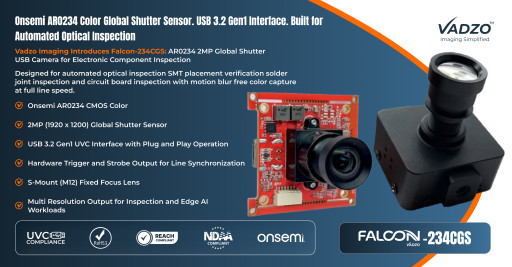 Vadzo Imaging Positions Falcon-234CGS AR0234 2MP Color Global Shutter USB Camera for Electronic Component Inspection