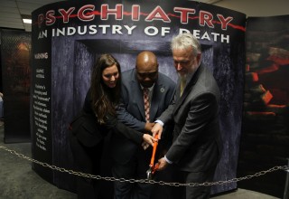 A chain-cutting was used in place of the traditional ribbon at the opening of the Citizens Commission on Human Rights Psychiatry: An Industry of Death traveling exhibit in Nashville, Tennessee, symbolizing the use of force and restraint in many dangerous psychiatric practices.