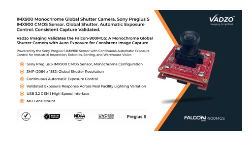 Vadzo Imaging Validates Falcon-900MGS: 3MP Sony Pregius S IMX900 Monochrome Global Shutter USB Camera with Auto Exposure
