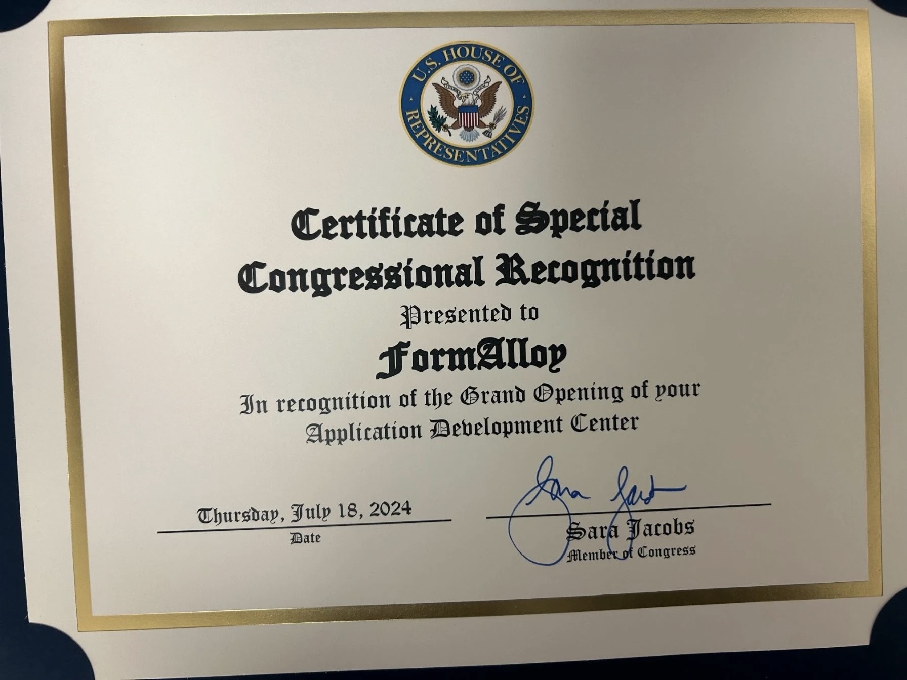 FormAlloy Certificate of Special Congressional Recognition
