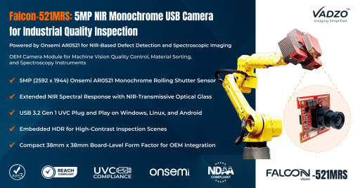 Vadzo Imaging Positions Falcon-521MRS 5MP Monochrome USB Camera Based on Onsemi AR0521 for NIR Inspection