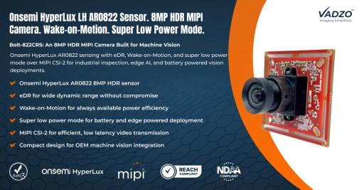 Vadzo Imaging Unveils Bolt-822CRS: AR0822 8MP HDR MIPI Camera with eDR, Wake-on-Motion and Super Low Power Mode for Machine Vision