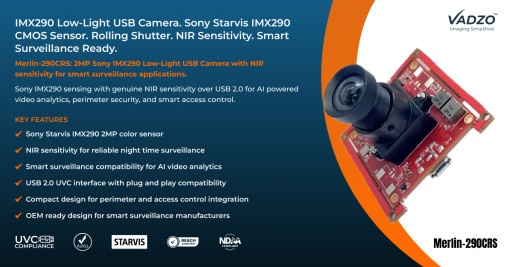 Vadzo Imaging Positions Merlin-290CRS: 2MP Sony Starvis IMX290 Low-Light USB Camera with NIR Sensitivity for Smart Surveillance
