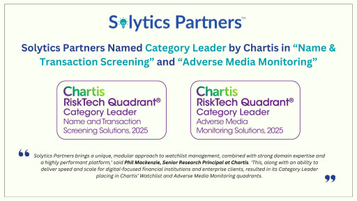 Solytics Partners Recognized as Category Leader in Watchlist Screening and Adverse Media Monitoring by Chartis Research