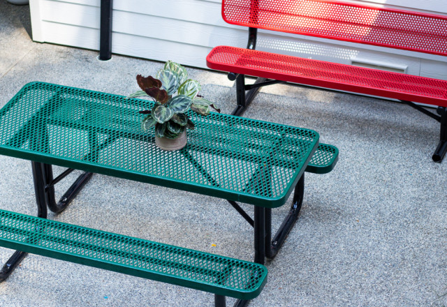 Green Rectangle Outdoor Table with Red Park Bench