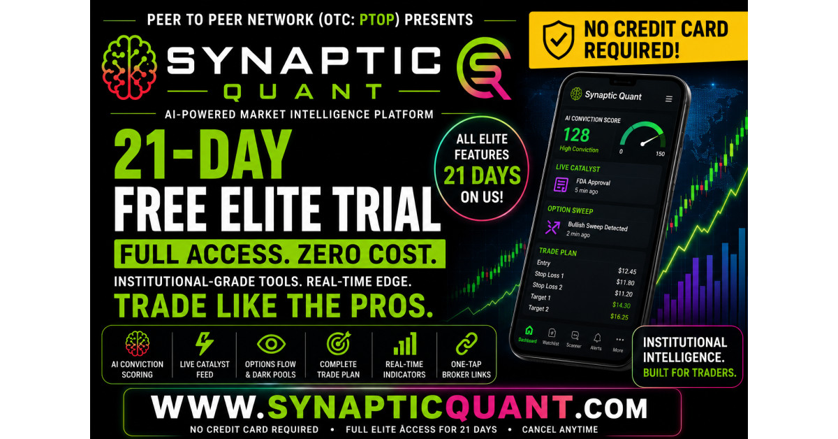 Peer To Peer Network (OTC:PTOP) Launches 21-Day Free Synaptic Quant Elite Trial