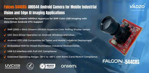 Vadzo Imaging Validates Falcon-544CRS: AR0544 Android Camera for Mobile Industrial Vision and Edge AI Imaging Applications
