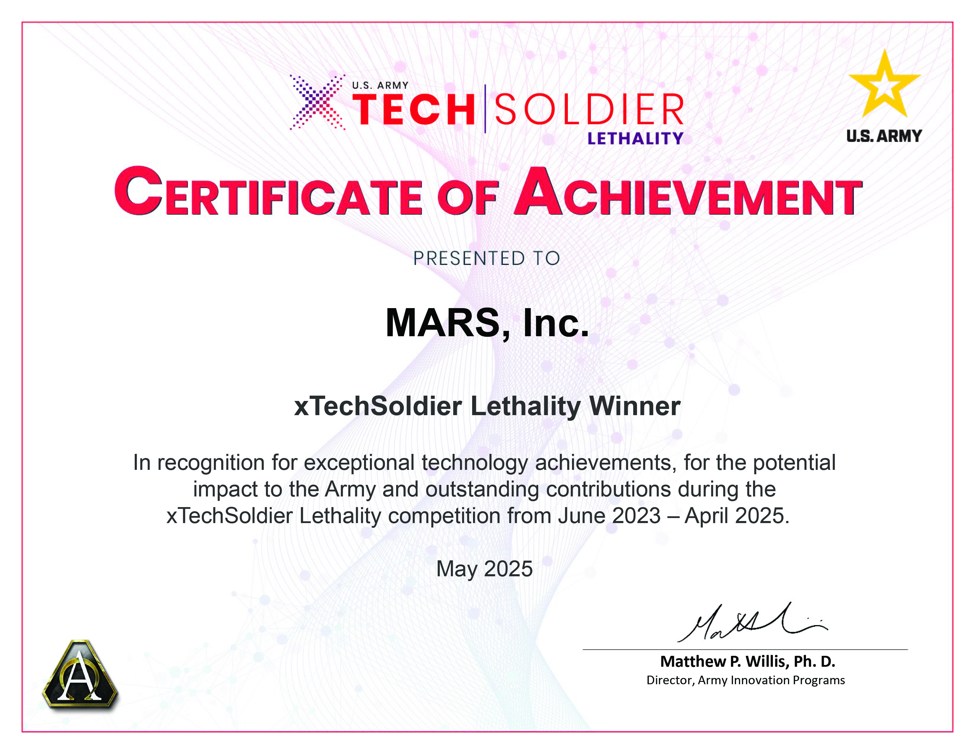 xTech Soldier Lethality Competition Certificate of Achievement
