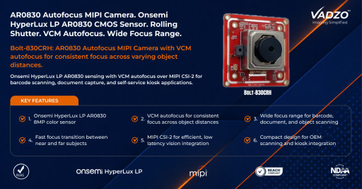 Vadzo Imaging Validates Auto-Focus capability on Bolt-830CRH 8MP AR0830 Onsemi HyperLux MIPI Camera