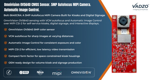 Vadzo Imaging Positions Bolt-5640CRA: OV5640 5MP Autofocus MIPI Camera with Automatic Image Control for Kiosks and Digital Signage