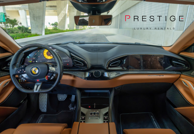 Ferrari Purosangue dashboard with Cuoio Naturale leather and carbon fiber interior