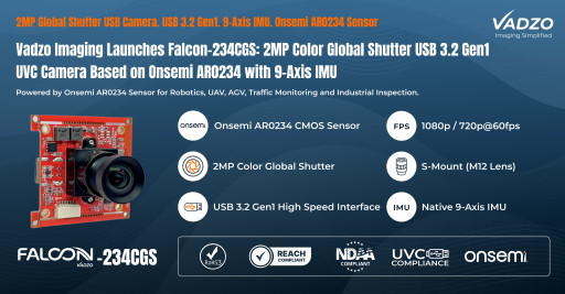 Vadzo Imaging Launches Falcon-234CGS with 9-Axis IMU: 2MP Color Global Shutter USB 3.2 Gen1 UVC Camera Based on Onsemi AR0234 with 9-Axis IMU