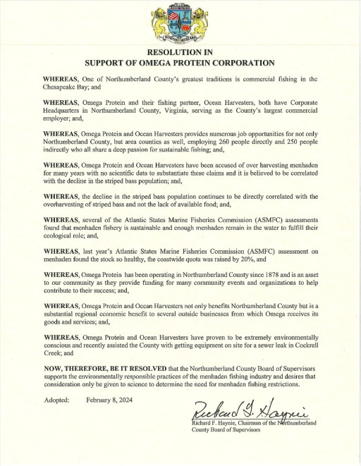Omega Protein and Ocean Harvesters Express Gratitude to Northumberland County Board of Supervisors for Resolution of Support and Confidence