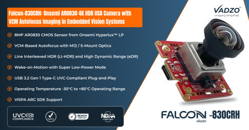 Vadzo Imaging Positions Falcon-830CRH: 8MP AR0830 4K HDR Autofocus USB Camera Based on Onsemi AR0830 HyperLux LP Sensor for Embedded Vision Applications