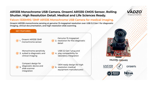 Vadzo Imaging Expands 13MP High-Resolution Camera Portfolio with Falcon-1335MRS: 13MP AR1335 Monochrome USB Camera for Medical and Life Sciences