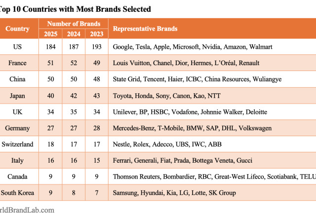 Top 10 Countries with Most Brands Selected