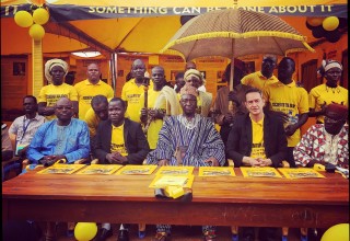 The king of Bassar (center), his chiefs and assistants (in yellow T-shirts in the second row), the Prefect of Bassar and other local dignitaries welcomed the Volunteer Ministers Goodwill Tour to the town.