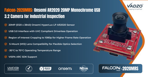 Vadzo Imaging Launches Falcon-2020MRS, a 20MP Monochrome USB Camera Built on the Onsemi AR2020 Sensor for High-Resolution Industrial Inspection