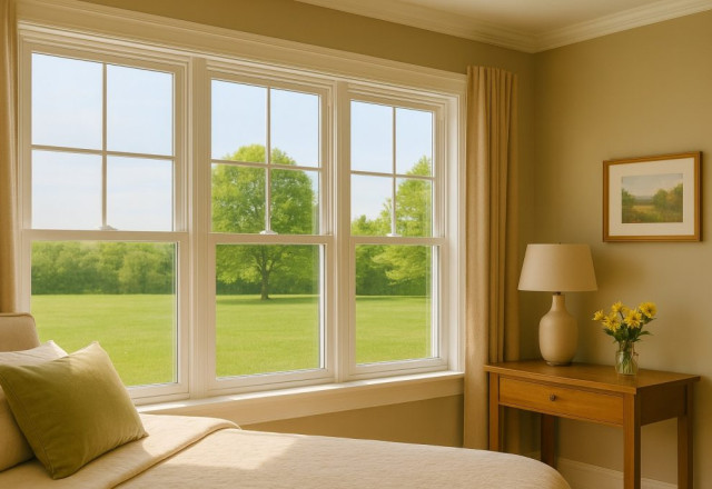 Cozy Ontario bedroom with double-hung windows offering natural light, insulation, and peaceful outdoor views.