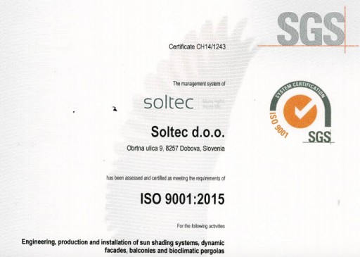Soltec Confirmed the ISO 9001:2015 Certificate to Ensure Highest Quality of Agava Pergolas
