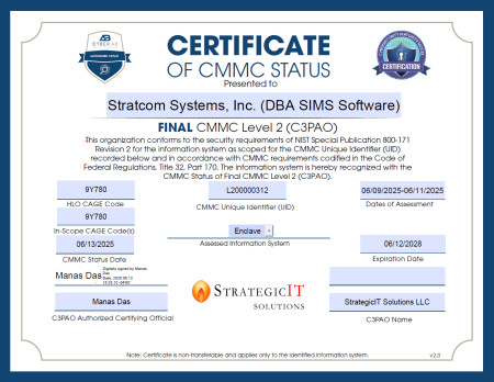 SIMS Software's Certificate of CMMC Status