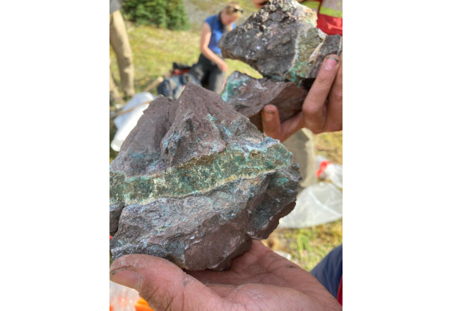 Photo 2: Chalcopyrite rich epidote-carbonate vein sample from Fred 1 Minfile Occurrence