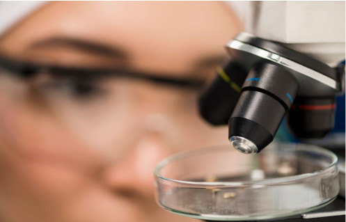 Woman adjusting microscope