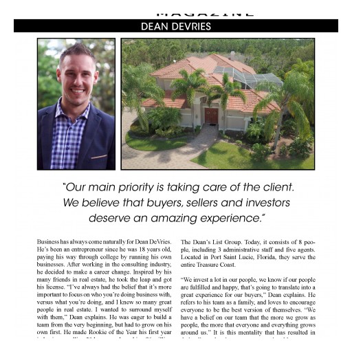Dean DeVries Was Featured in the Florida Edition of National Publication of Top Agent Magazine