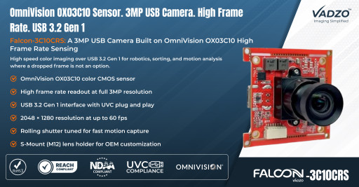 Vadzo Imaging Positions Falcon-3C10CRS: 3MP Color HDR USB Camera with Omnivision OX3C10 Sensor for Outdoot Robotics and HDR Applications