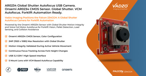 Vadzo Imaging Positions Falcon-234CGH 2MP Onsemi AR0234 Global Shutter Autofocus Color USB Camera for Forklift Automation