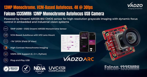 Vadzo Imaging Launches Falcon-1335MRH: 13MP Monochrome VCM Autofocus USB Camera Based on Onsemi AR1335