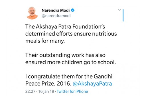 The Akshaya Patra Foundation Awarded the Prestigious Gandhi Peace Prize