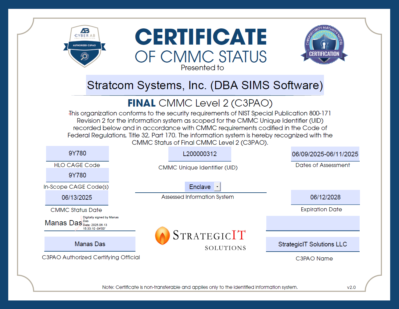 SIMS Software 's Certificate of CMMC Status 