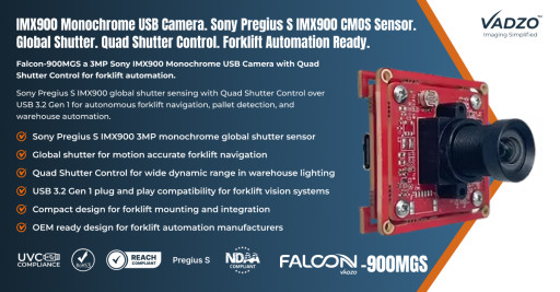 Vadzo Imaging Positions Falcon-900MGS: 3MP Sony Pregius S IMX900 Global Shutter Monochrome USB Camera with Quad Shutter Control for Forklift Automation